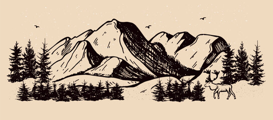 mountain landscape with fir trees and elk vector sketch hand drawn