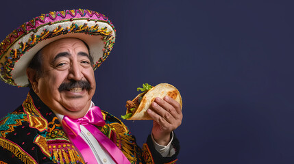 Joyful Mexican Man in Traditional Costume Holding a Tasty Taco Against Purple Background. Cinco de Mayo holiday celebration
