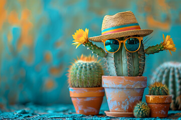 Festive Cactus in Pot with Straw Hat and Blue Sunglasses, Celebration Cinco de Mayo Mexican holiday
