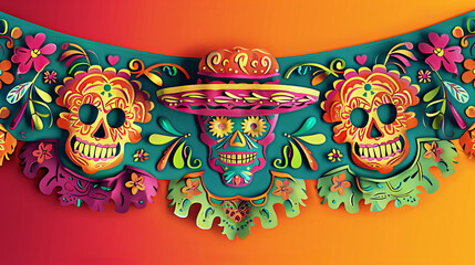 Naklejka premium Cinco de Mayo Skulls and Papel Picado banner for Mexico holiday Against Festive orange Background