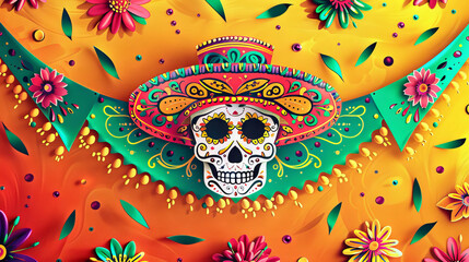 Mexican Cinco de Mayo Sugar Skull Decoration on Festive Orange Background