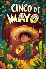 Festive Cinco de Mayo Poster Illustration with male Mexican Guitarist and Lush Cactus Scenery