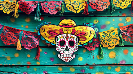 Cinco de Mayo federal holiday in Mexico banner with Colorful Skull on Turquoise Wooden Planks background