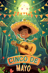 poster of Cheerful Mexican Boy Celebrating Cinco de Mayo with Guitar and Colorful Festive Decorations