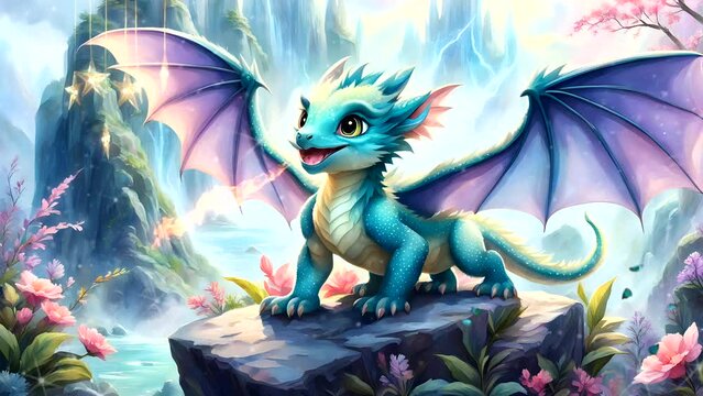 Funny dragon cub in the fantasy park. Seamless looping time-lapse 4k video animation background