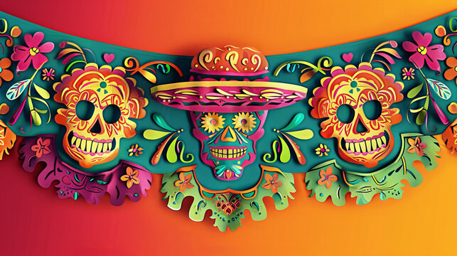 Cinco de Mayo Skulls and Papel Picado banner for Mexico holiday Against Festive orange Background
