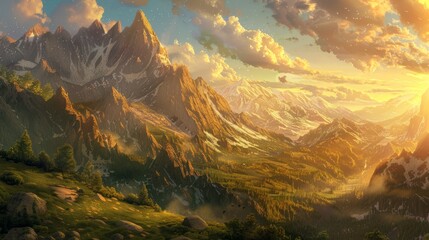 A mountain landscape at sunrise, the warm golden light illuminating the peaks and valleys. 