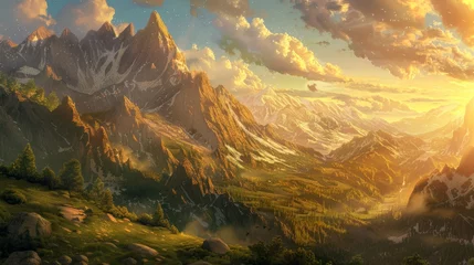 Foto op Canvas A mountain landscape at sunrise, the warm golden light illuminating the peaks and valleys.  © RDO