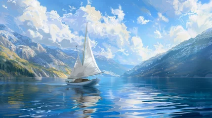 Tuinposter A sailboat on a vast lake, sails billowing in the summer wind.  © RDO