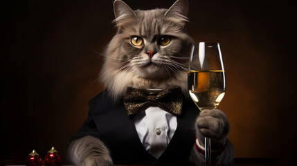 Funny cat portrait in a suit on festive Christmas and New Year background with glass of champagne. Generative AI artwork