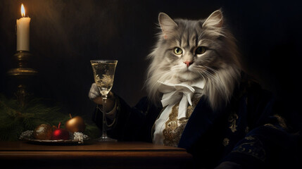 Funny cat portrait in a suit on festive Christmas and New Year background with glass of champagne. Generative AI artwork