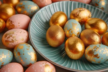 Obraz na płótnie Canvas Explore an aesthetic Easter composition featuring vibrant plates and shimmering golden eggs. Perfect for Easter breakfast, this decoration concept marries tradition with modern elegance for a festive 