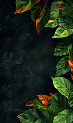 Vibrant green and orange leaves create a natural frame on a dark background.