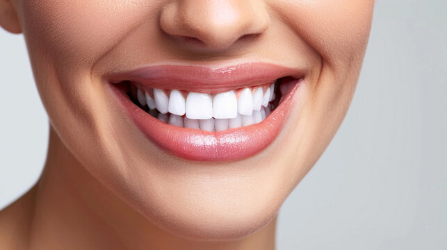 Woman with white healthy teeth open her mouth smiling white background
