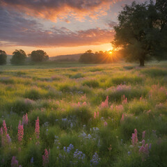 Meadow Radiance: Sunrise over Blossoming Fields