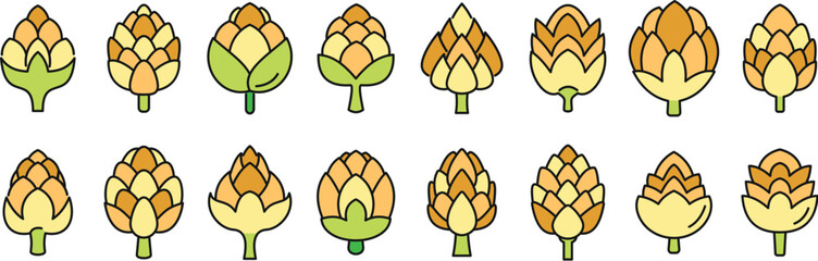 Artichoke icons set outline vector. Bio food. Fresh organic thin line color flat isolated