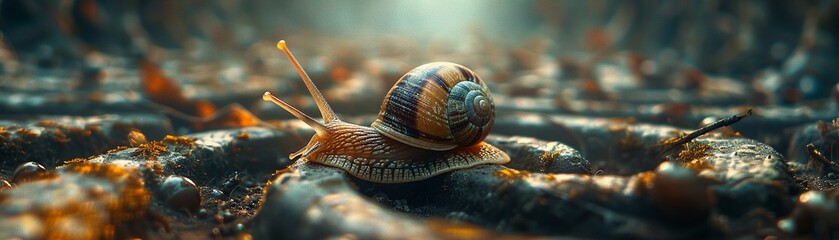 Snail with patterned shell in imaginary maze wide angle dreamlike atmosphere