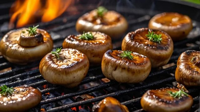 champignons are fried on the grill