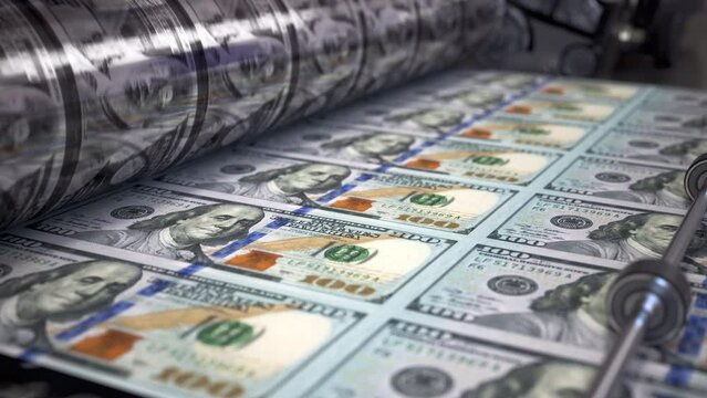 Printing money dollar bills on a print machine in typography.. Finance, tax, making money. 3d