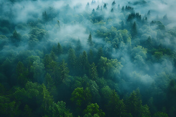 Fototapeta na wymiar Enchanting aerial view captures a fog-covered forest, invoking mystery and tranquility within nature's embrace