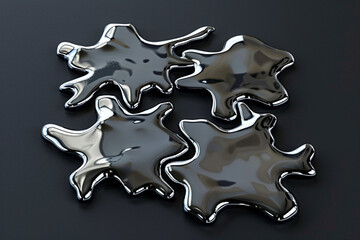 Obraz premium five flat scattered chrome metal liquid puddles top view, isolated on black background, gloss chrome aesthetics сreated with Generative Ai