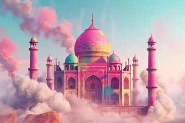 A magical pink palace in the clouds - obrazy, fototapety, plakaty