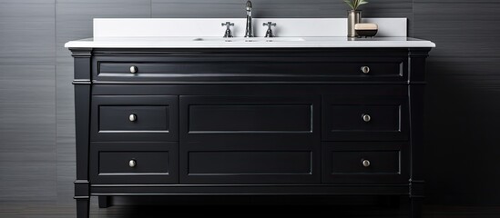 A black rectangular vanity with drawers, made of hardwood cabinetry and metal accents, featuring a sink and ample storage space in a bathroom