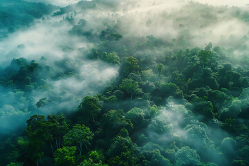 Fototapeta na wymiar A captivating aerial view of a forest shrouded in fog, evoking a sense of mystery and tranquility in nature's embrace