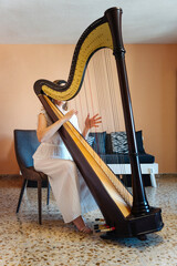 Playing a harp. Symphonic orchestra. Woman Harpist.