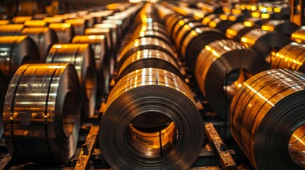 Sunlit Steel Coils in Warehouse - obrazy, fototapety, plakaty