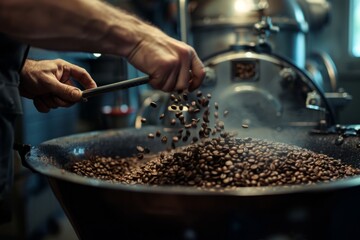 Close-Up Detail of Coffee Beans Being Stirred for Uniform Roasting