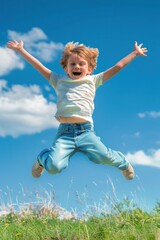 Exhilaration in the Sky - Young Boy's Joyful Leap in Nature - Generative AI