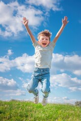 Exhilaration in the Sky - Young Boy's Joyful Leap in Nature - Generative AI