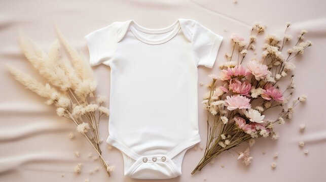 Softly lit, clean white onesie mockup on beige fabric background. Wild flowers dried pampas grass bodysuit baby clothing flat lay. Blank romper template apparel top view. Babyhood concept