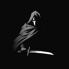 film noir logo of a large cloaked killer with a sharp knife over a black background сreated with Generative Ai