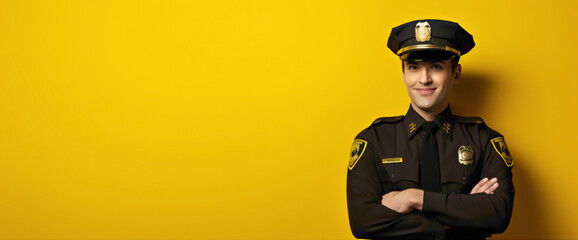 The Most Beautiful Police Officer Radiating Authority Against a Solid Yellow Wall Background.