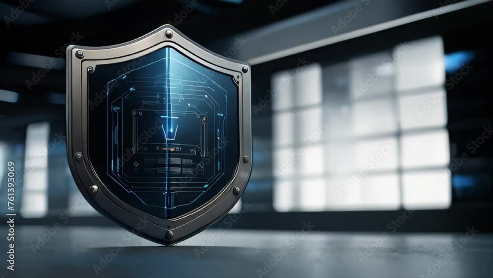 Poster building with blue shield and camera technology display