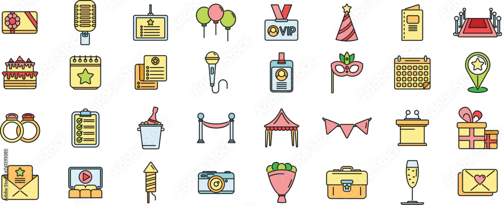 Sticker event management icons set outline vector. conference participant. invite sponsorship thin line colo