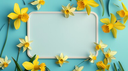 Blank white board and beauty yellow daffodil flower message text copy space