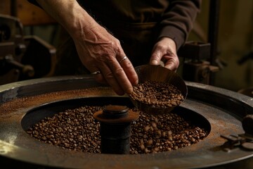 Handcrafted Coffee Roasting Process, Focused Craftsmanship in a Rustic Setting
