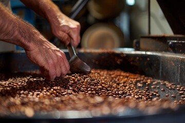 Coffee Bean Roasting Close-up, Manual Process with Ambient Lighting