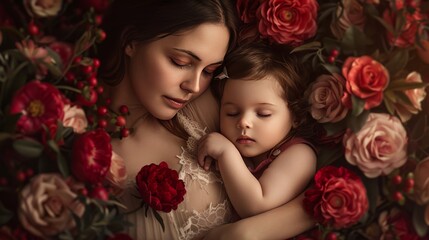 A woman is holding a baby in a bed of red flowers