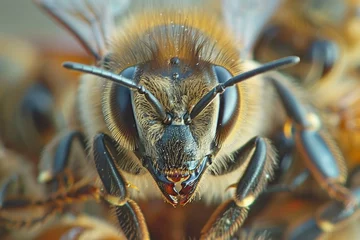 Stoff pro Meter Queen bee being groomed and fed by her devoted worker bees. The background subtly fades, focusing on the detailed interaction and the social bonds within the bee colony. © radekcho
