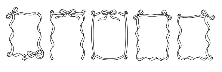Wavy bow border frame. Set of simple elegant hand drawn illustrations of  bow borders for invitation. Hand Drawn frames with ribbons
