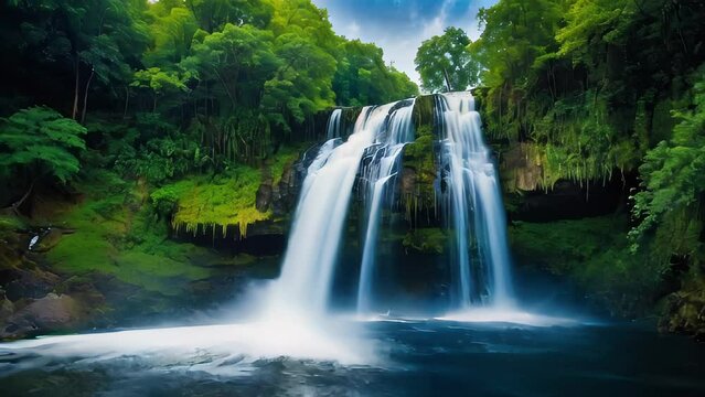 Serene Jungle Waterfall Amidst Lush Greenery