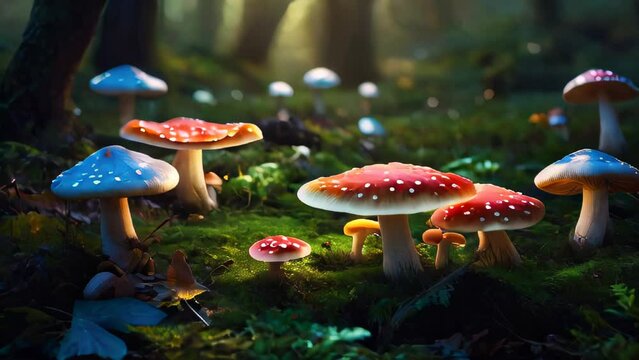 Fly agaric mushrooms in a forest, red toadstools with white spots, amidst grass and wood, during autumn season, nature's poisonous fungi