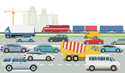 Fototapeta premium Personenwagen und Lastwagen auf der Autobahn Illustration
