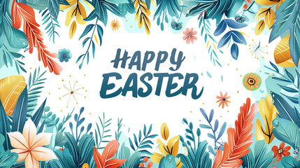 happy easter rabbit or bunny and easter egg , greeting card,  with Happy Easter font or text greetings 
