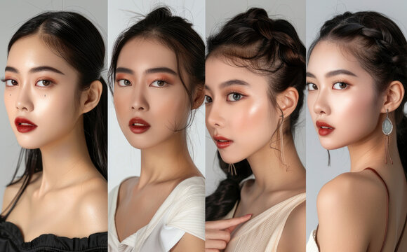 A beautiful asian woman with different makeup looks and different styles of photography in one photo across five panels against a white background with a light brown and pink color scheme