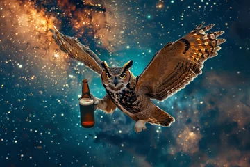 Gordijnen Party owl flying with beer, starry sky backdrop, wide angle, lively celebration mood, Pop art © Wonderful Studio